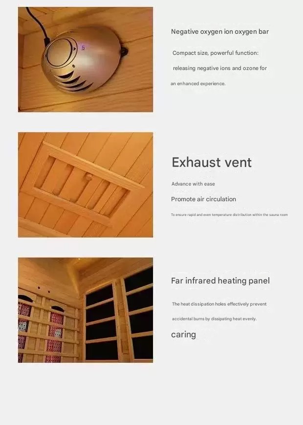 Interior of 3-person infrared sauna with wood benches and carbon panels